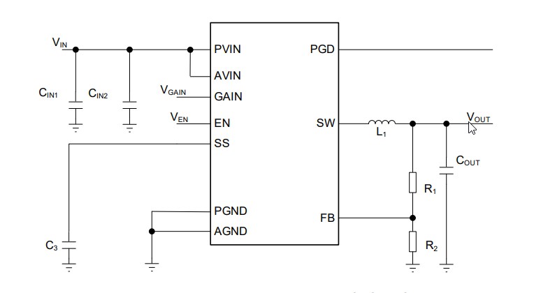 Application Circuit Diagram - ROHM Semiconductor BD9S402MUF-C Single Synch Buck DC/DC Converter